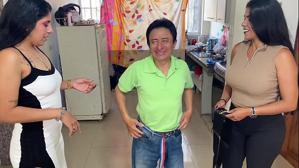FFM THREESOME – Two busty and big-assed stepdaughters celebrate their stepdad’s birthday with delicious sex