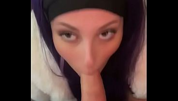 Real Homemade Blowjob from Purple Haired Girl Wearing White Fur Jacket Looking at Camera