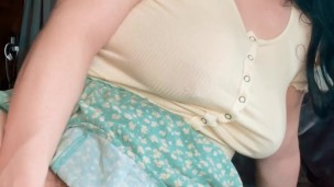 Rubbing a dildo in between my huge puffy pussy lips before squirting all over my bed